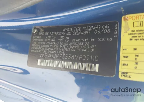 2008 BMW 128I z USA, uszkodzony, nr VIN WBAUP73538VF09110